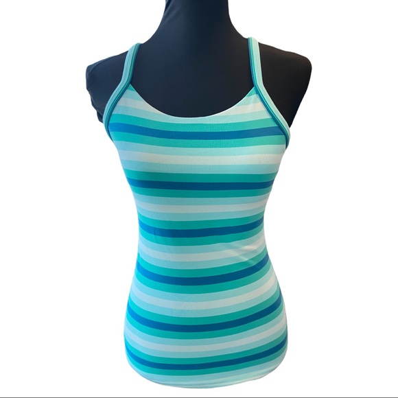 Lululemon striped teal criss-cross strap tank with back pocket